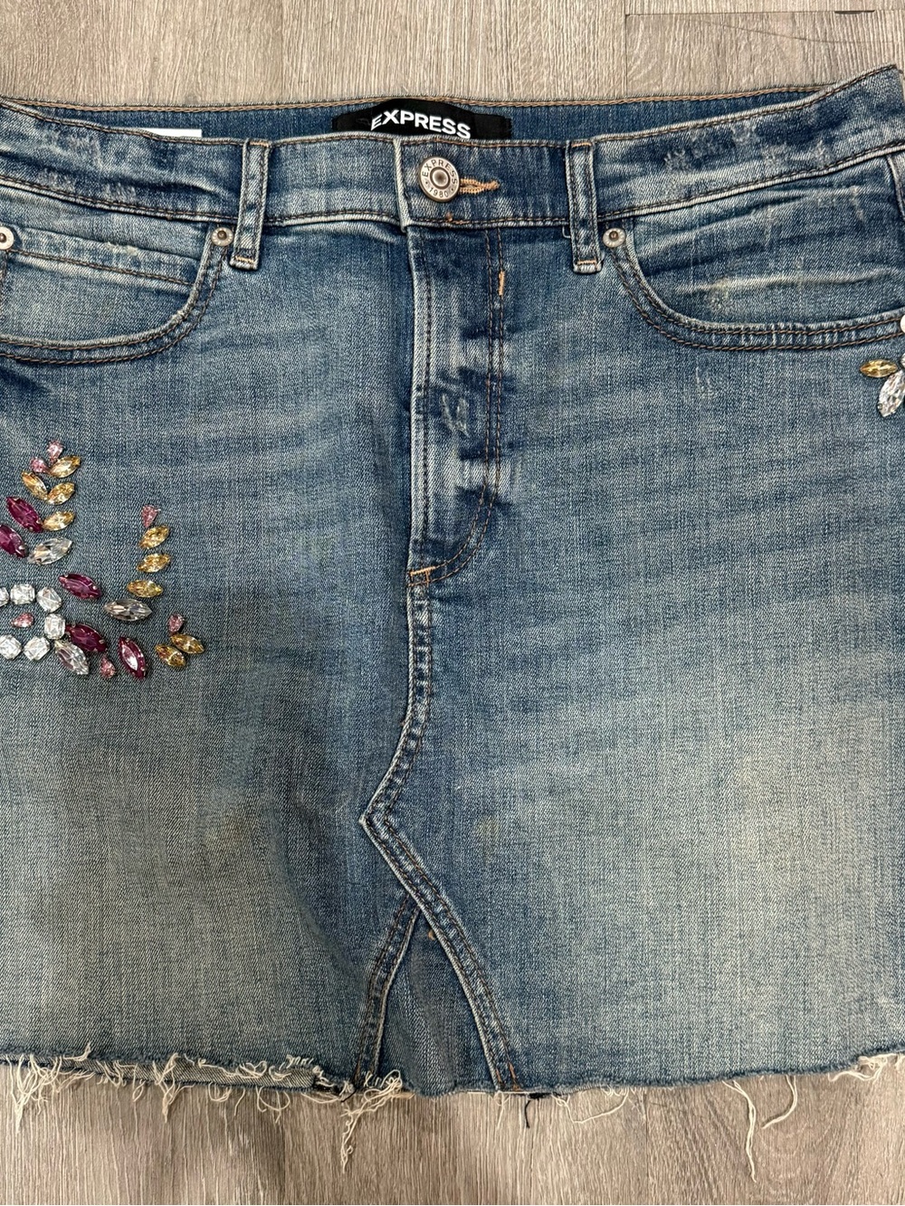 Express Light Blue Denim Skirt with Multicolor Gem Accents